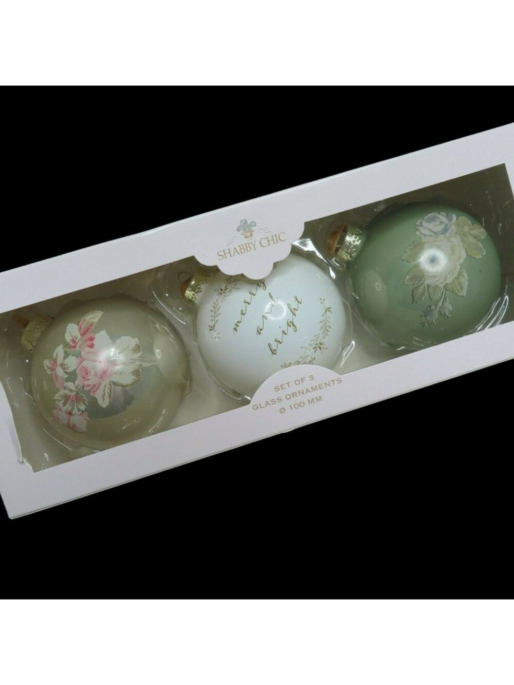 Rachel Ashwell Shabby Chic Set 3 Glass Ornaments 100 MM Rose Floral Flower NEW